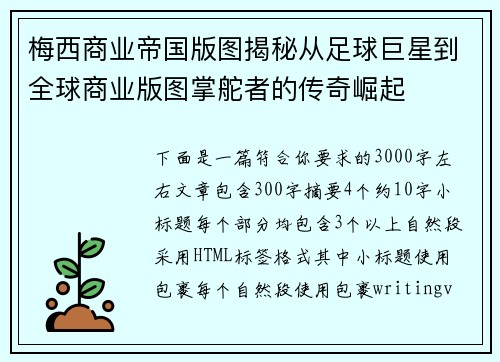 梅西商业帝国版图揭秘从足球巨星到全球商业版图掌舵者的传奇崛起 梅西商业帝国版图揭秘从足球巨星到全球商业版图掌舵者的传奇崛起