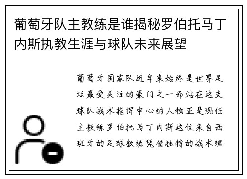 葡萄牙队主教练是谁揭秘罗伯托马丁内斯执教生涯与球队未来展望 葡萄牙队主教练是谁揭秘罗伯托马丁内斯执教生涯与球队未来展望